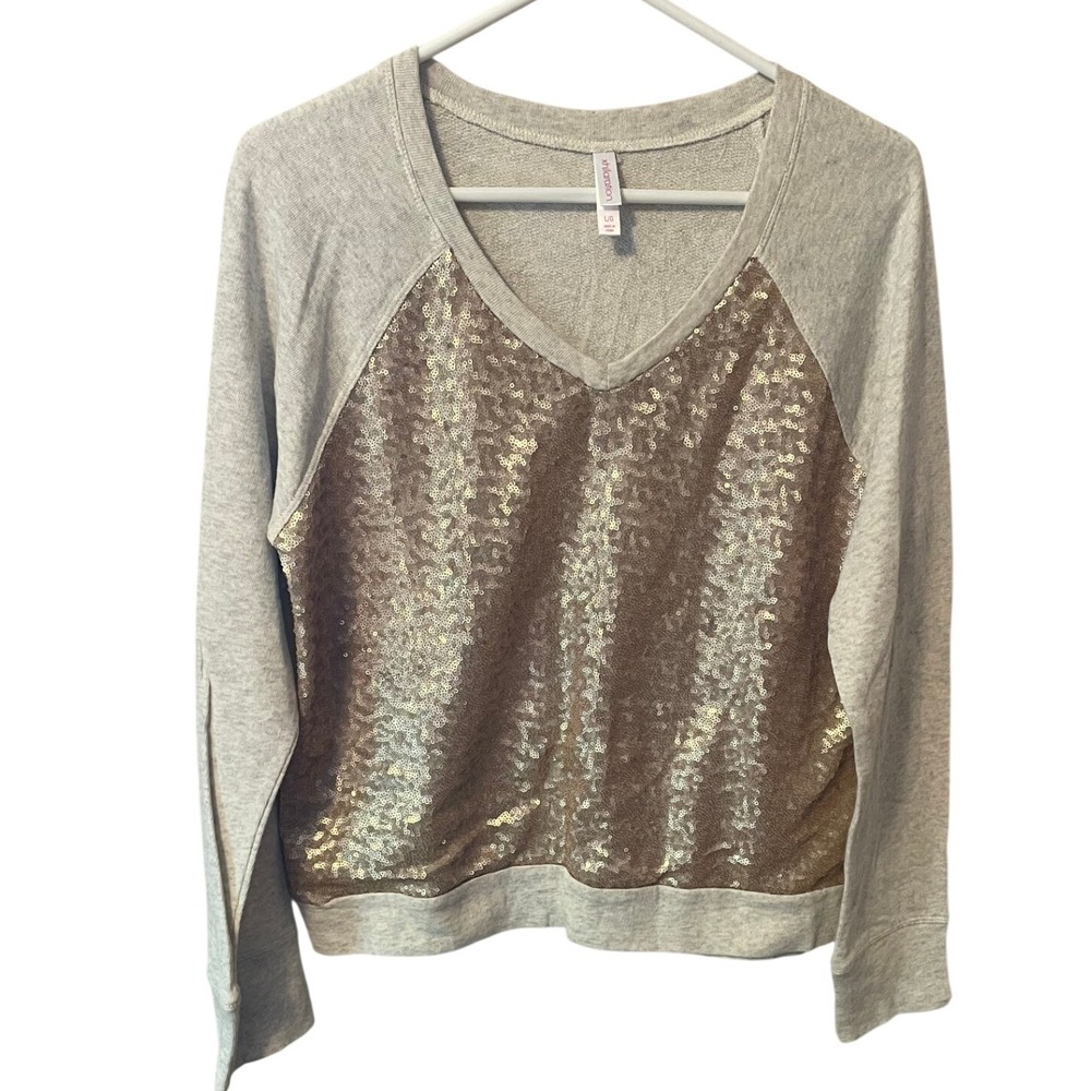 Xhilaration Womens Heather Gray Gold Sequin Front V-Neck Sweatshirt L Glam Party